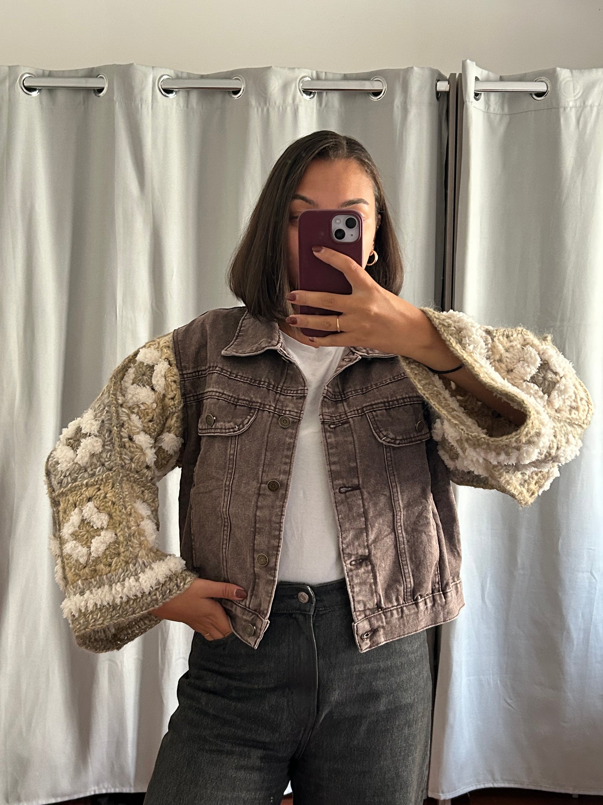 Veste en jean manches crochet écru & beige