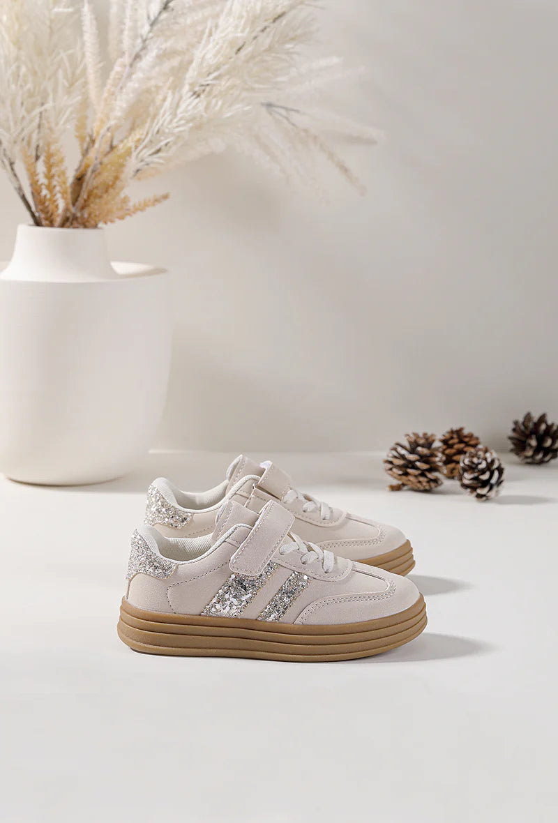 Baskets Enfant à Scratch – Chaussures Enfant – Beige et Argent – Semelle Épaisse