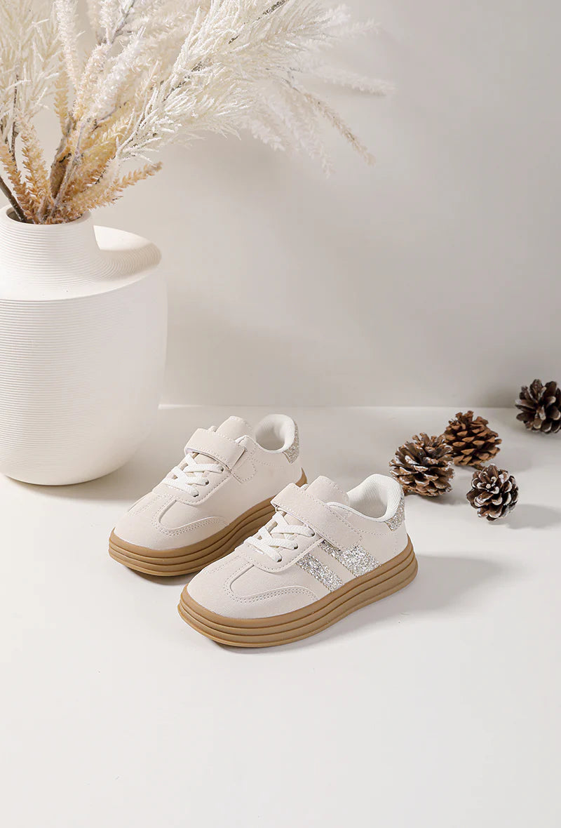 Baskets Enfant à Scratch – Chaussures Enfant – Beige et Argent – Semelle Épaisse