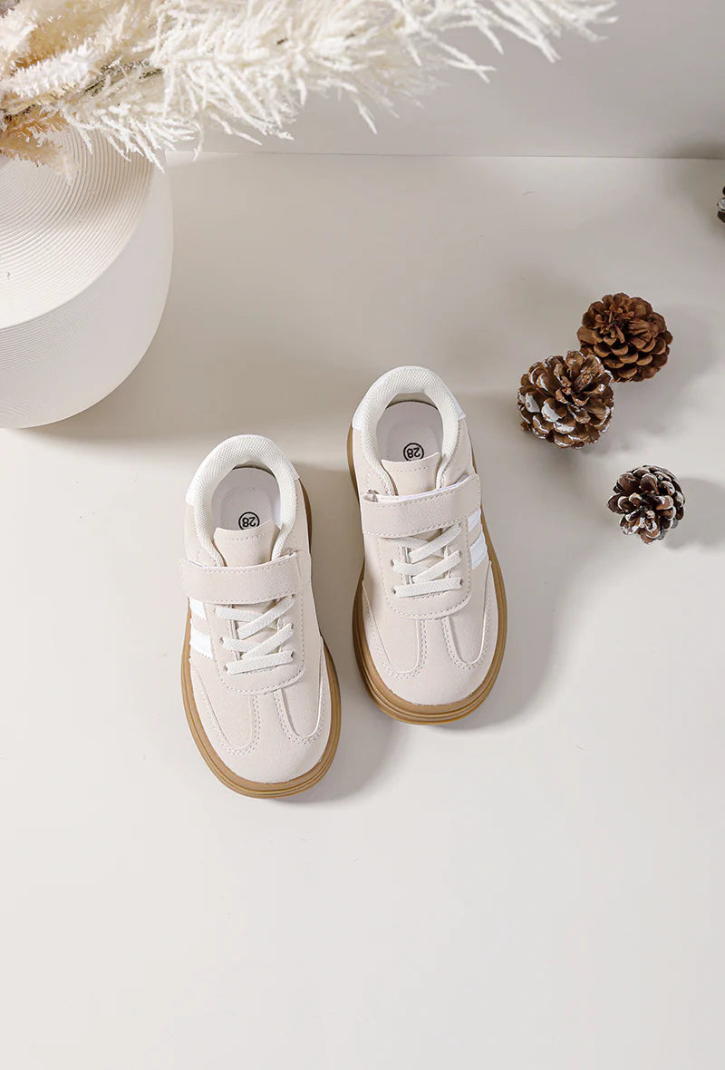Baskets Enfant Beige à Bandes Blanches – Semelle Épaisse Camel – Chaussures Enfant