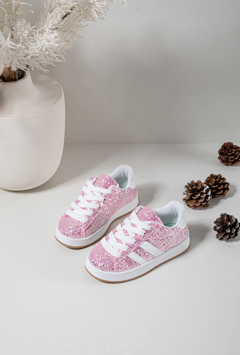 Baskets Enfant à Scratch – Chaussures Enfant – Confortables et Légères – Rose Pailleté et Blanc