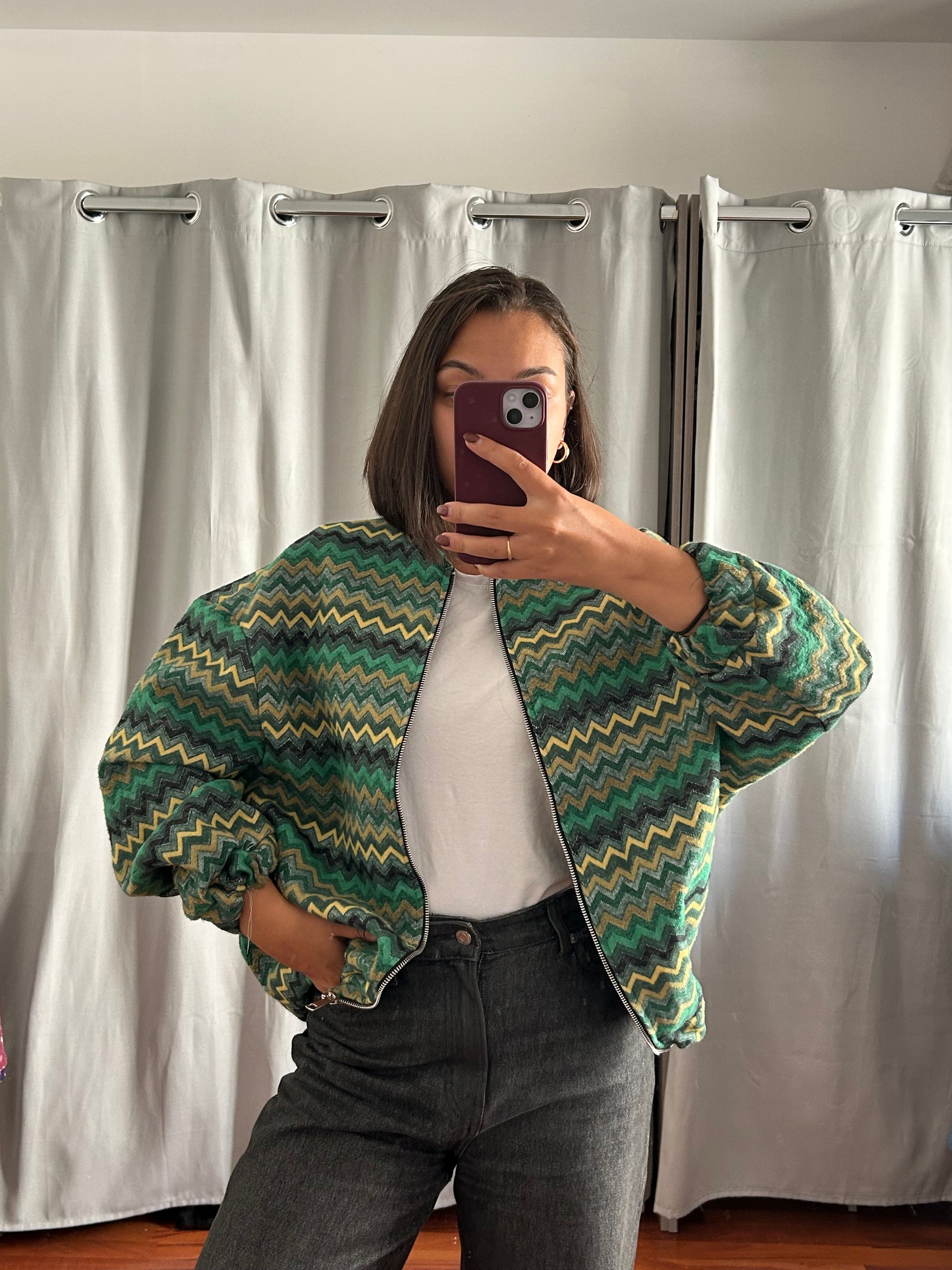 Veste bombers imprimée zigzag vert & jaune