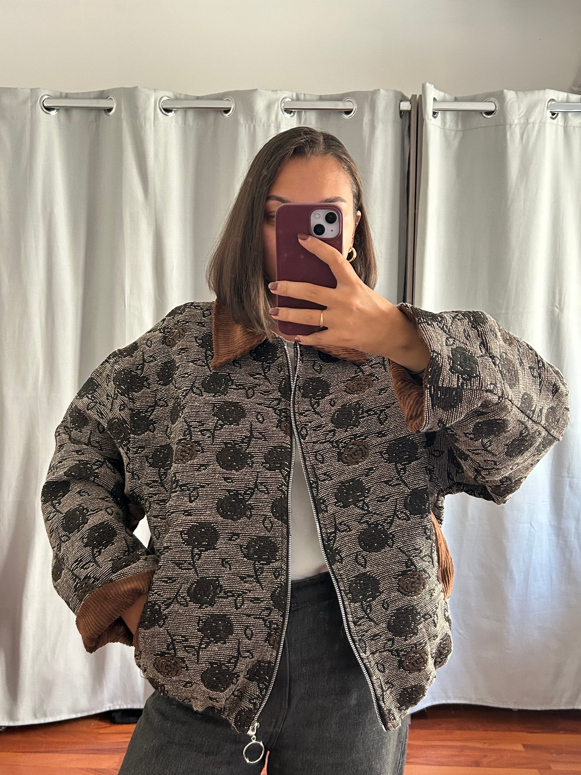 Veste bombers jacquard floral marron & noir