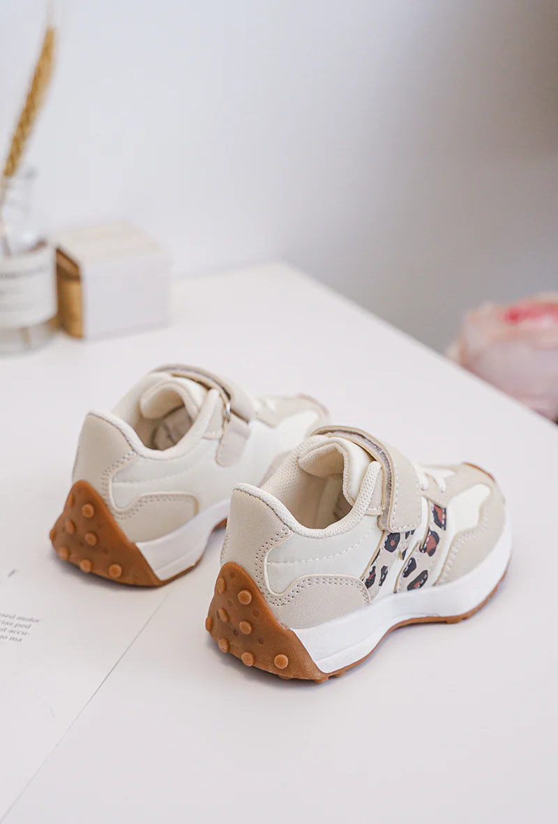 Baskets Enfant à Scratch – Chaussures Enfant – Confortables et Légères – Beige à Motif Léopard