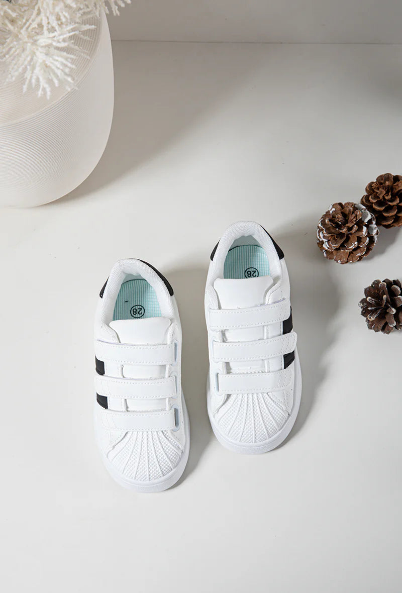 Baskets Enfant à Scratch – Chaussures Sport Enfant – Confortables et Légères – Blanc et Noir