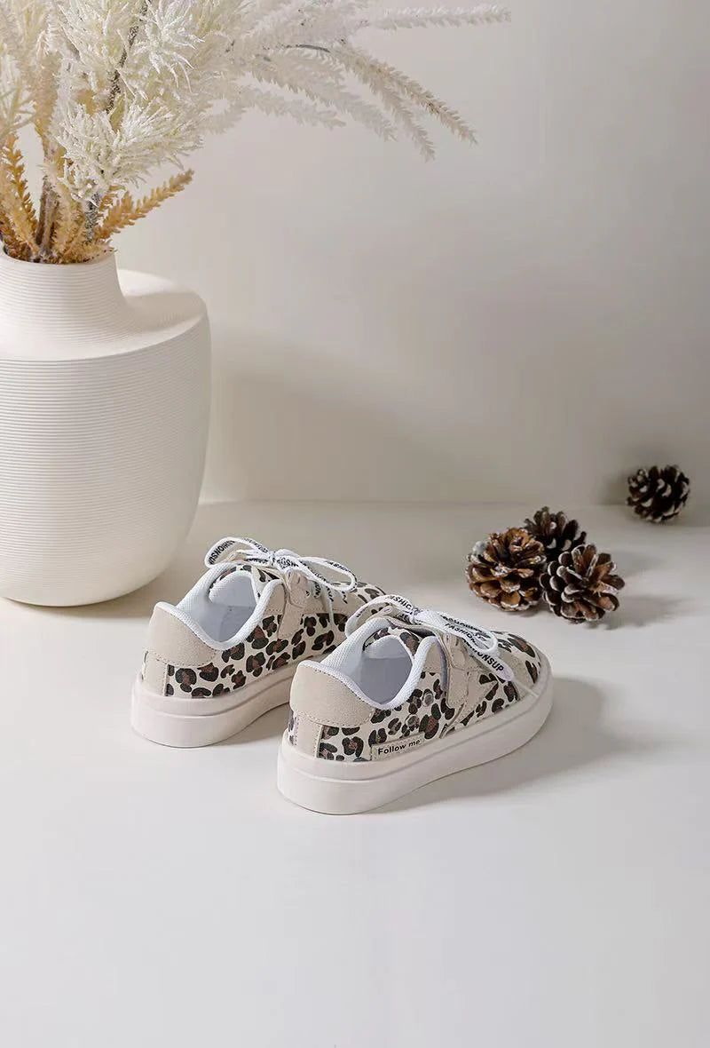 Baskets Enfant à Lacets – Chaussures Enfant – Confortables et Légères – Motif Léopard Beige