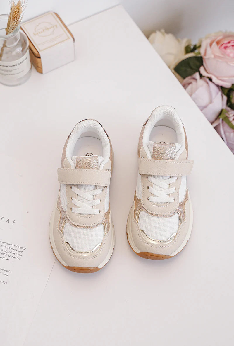 Baskets enfant beige à scratch avec détails léopard – Sneakers confort semelle