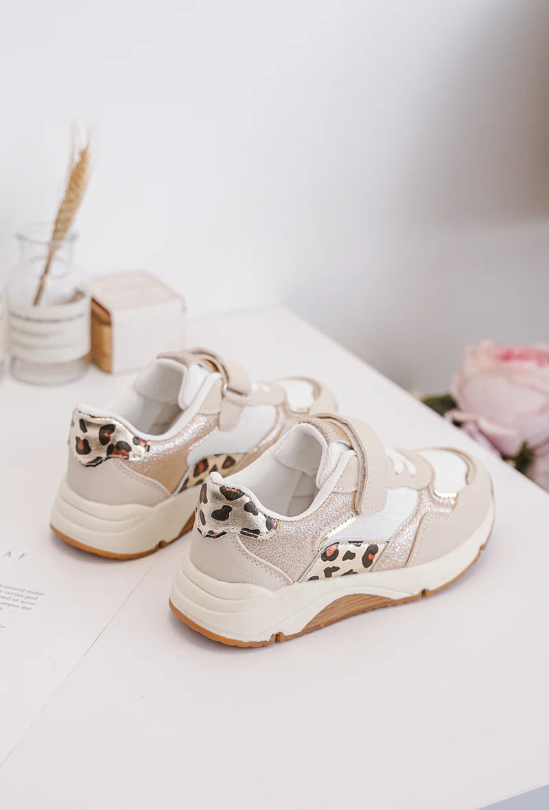 Baskets enfant beige à scratch avec détails léopard – Sneakers confort semelle