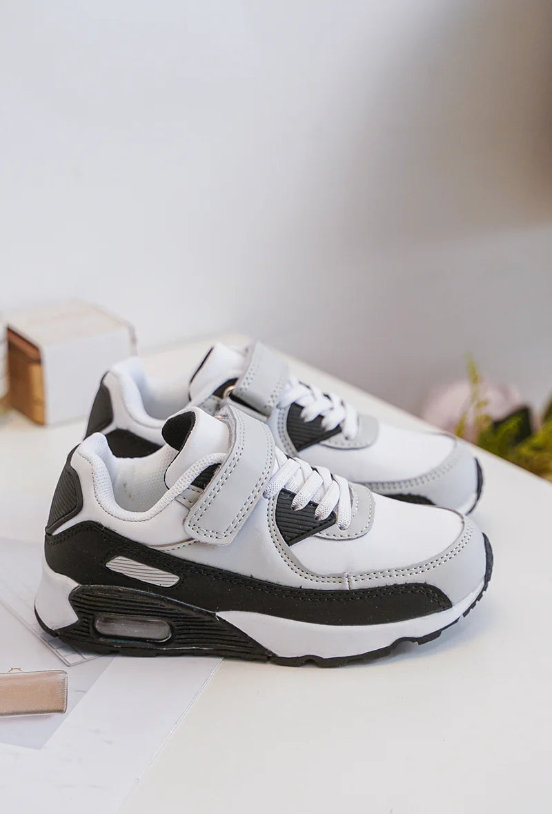 Baskets Enfant à Scratch – Chaussures Sport Enfant – Confortables et Légères – Blanc, Gris et Noir